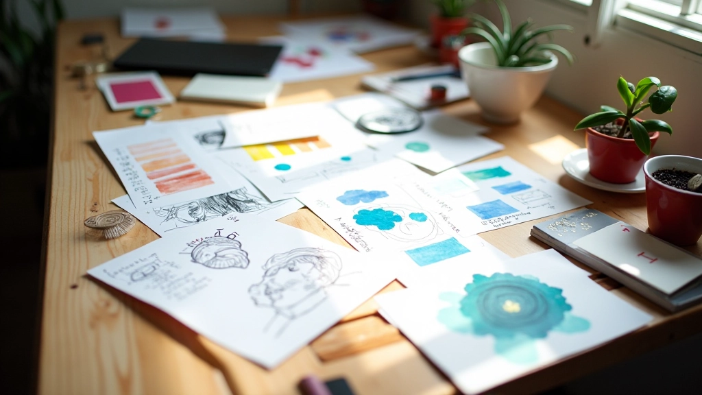 Tableau d'inspiration avec des croquis de métaphores visuelles et des couleurs pour un projet de vidéo explicative